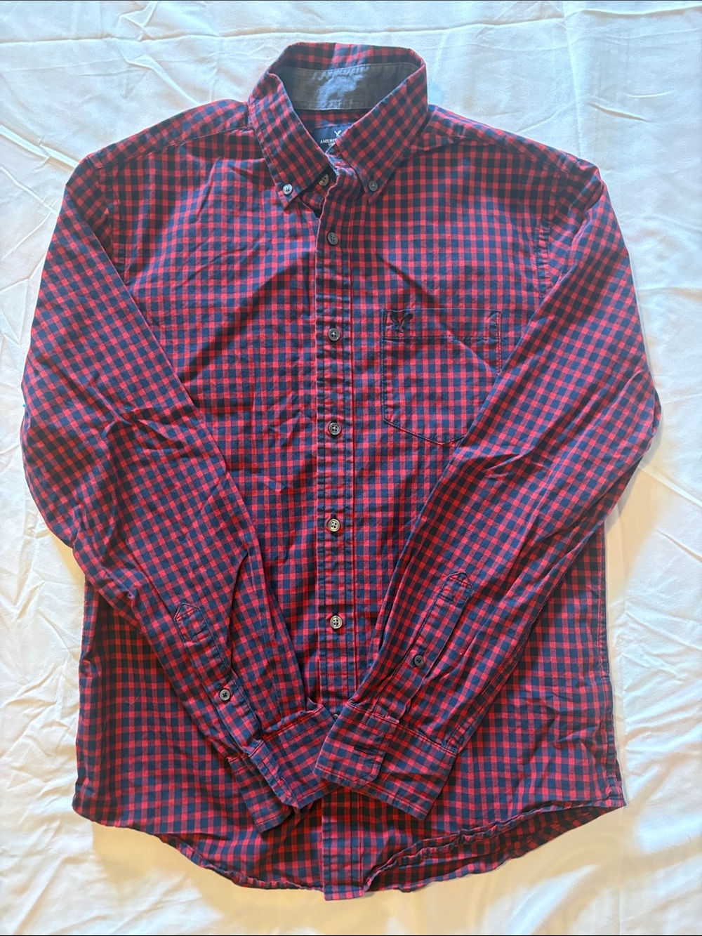 American Eagle Outfitters Red and Navy Check Button-Down Shirt